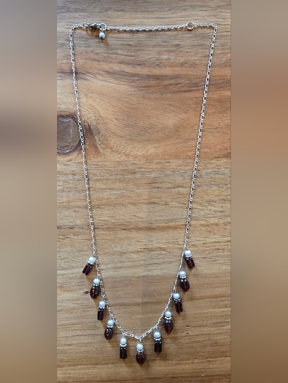 Sterling Silver Pearl and Garnet Drop Necklace